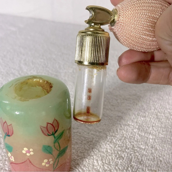 Vintage Pink Green Genuine Alabaster Perfume Atomizer Puff Sprayer Bottle - Picture 10 of 15